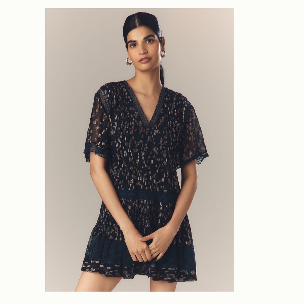 Maeve V-neck Lurex Tiered Mini Dress Sz S